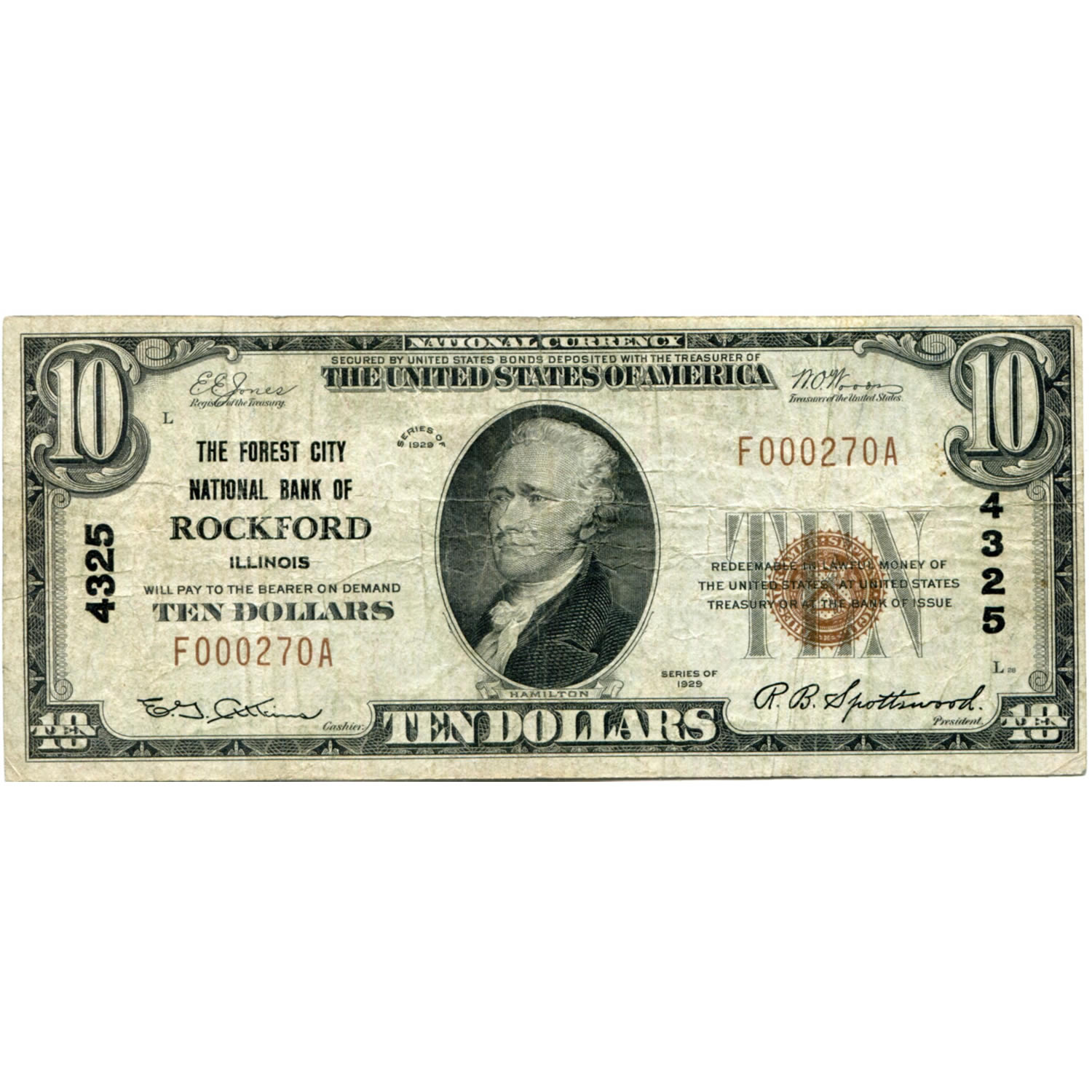 1929 10 National Bank Note Rockford IL Charter 4325 Fine Golden 