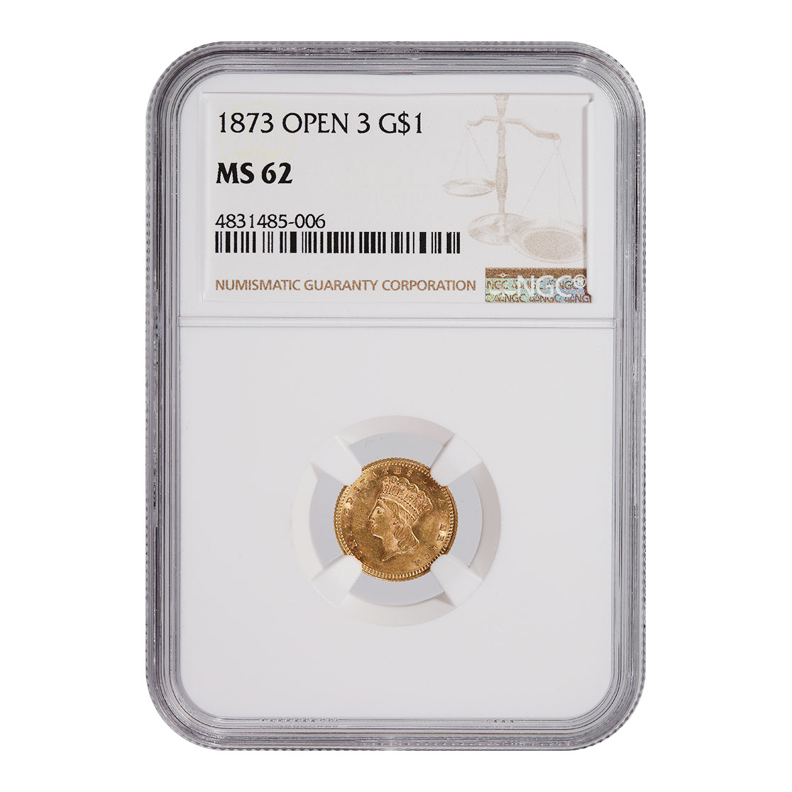 Certified $1 Gold Liberty 1873 Open 3 MS62 NGC - Golden Eagle Coins