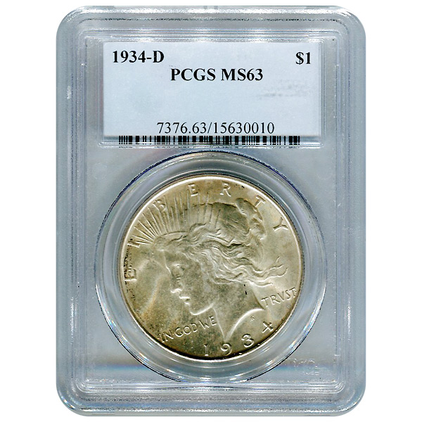 Certified Peace Silver Dollar 1934D MS63 PCGS Golden Eagle Coins