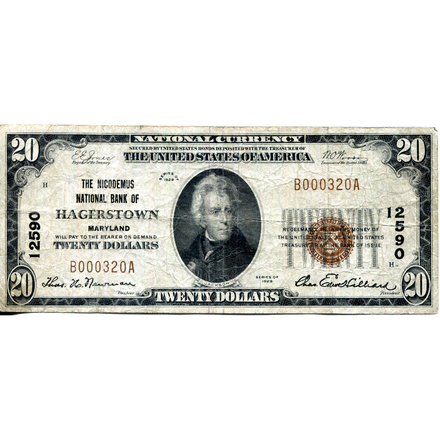 1929 20 National Bank Note Hagerstown MD Charter 12590