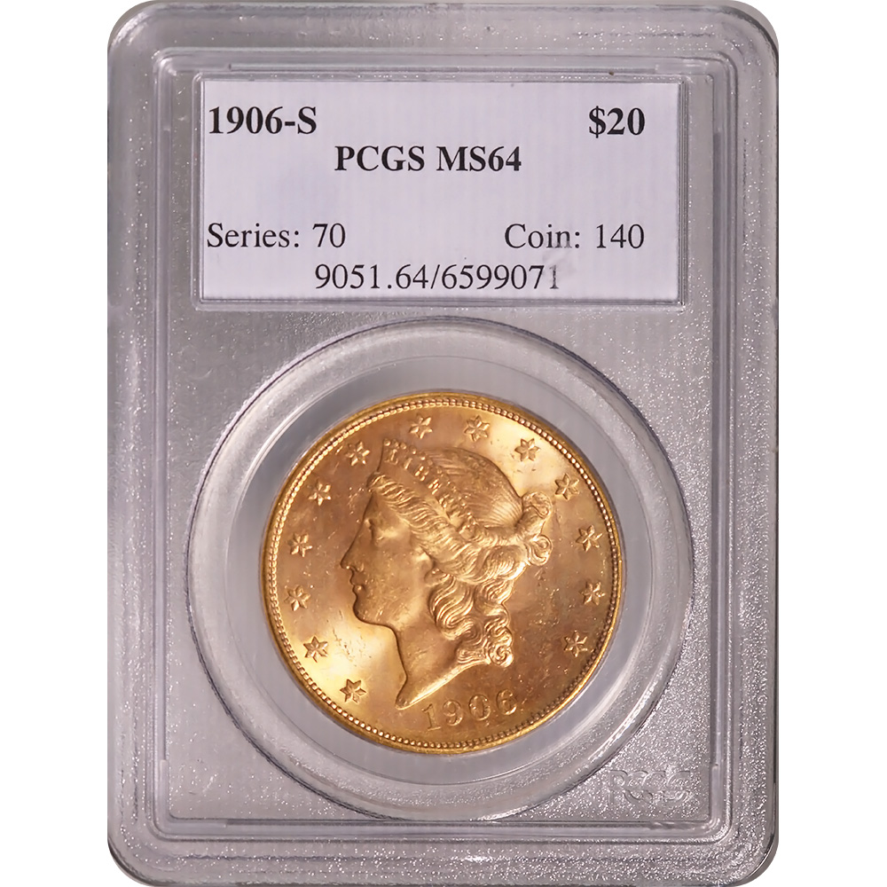 Certified US Gold $20 Liberty 1906-S MS64 PCGS | Golden Eagle Coins