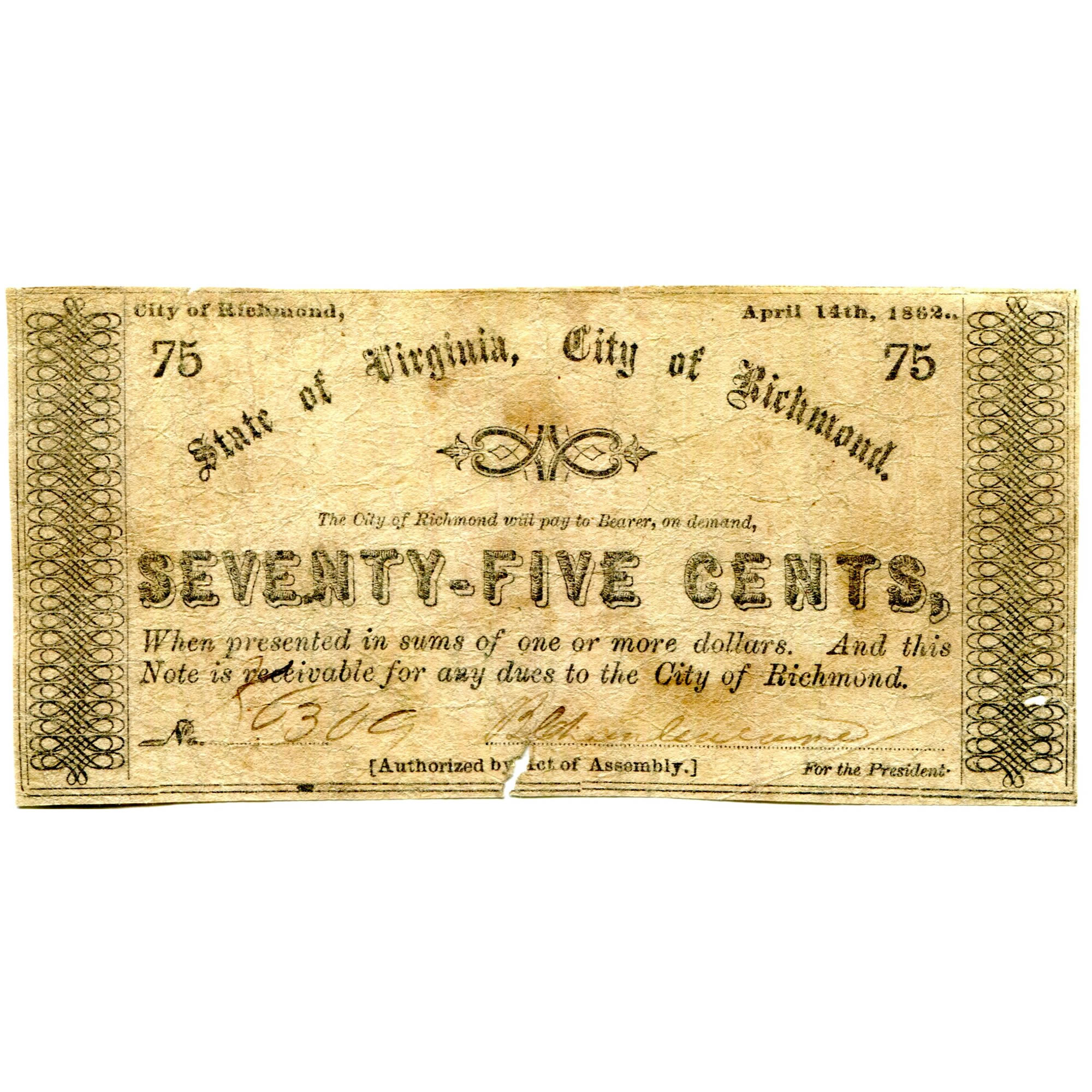 Virginia Richmond 1862 75 cents City of Richmond TR0615 Golden Eagle Coins