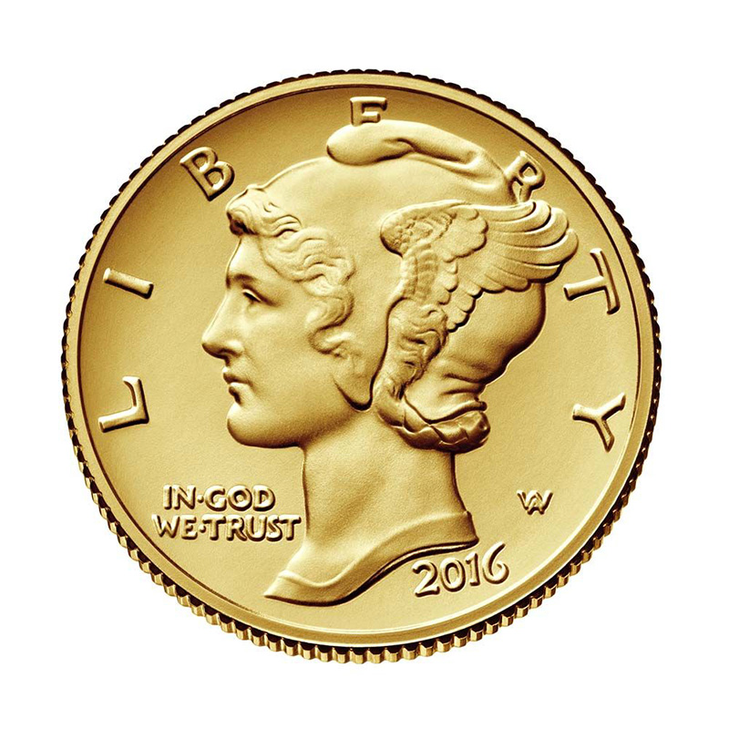 2016-W 1/10 oz Gold Mercury Dime Coin Obverse